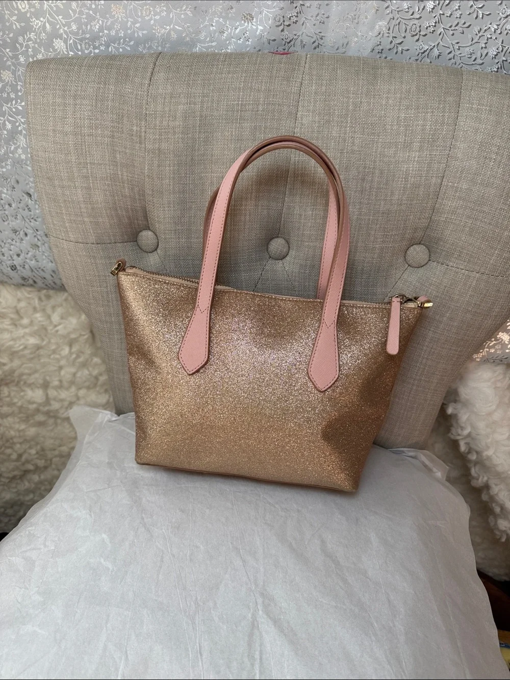 kate spade Gold Glitter Tote with Pink Handles